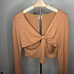 Chic Tan Knotted Front Blouse
